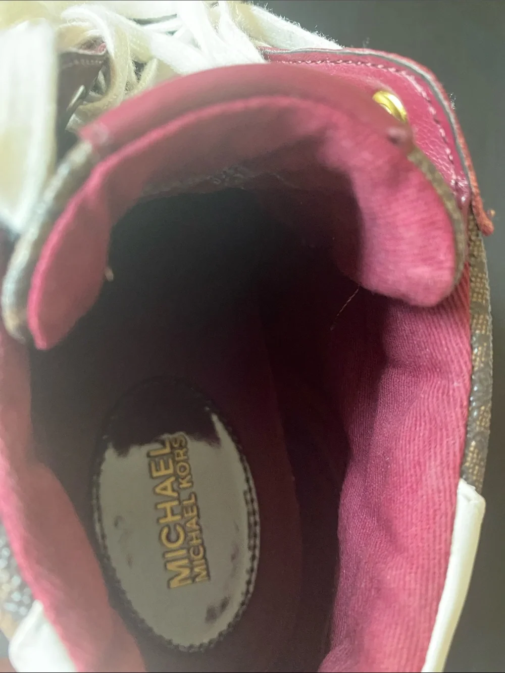 Michael Kors Burgundy, White and Gold High-Top Sneakers - Picture 4 of 5